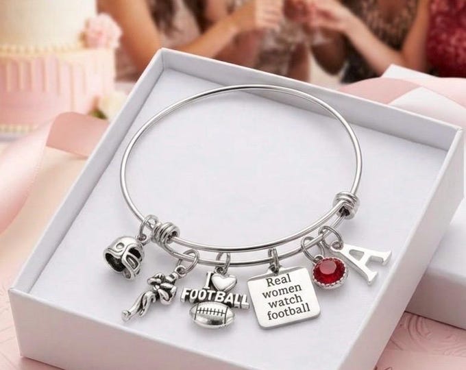 Real Women Watch Football Charm Bracelet Custom Sports Fan Jewelry Bangle