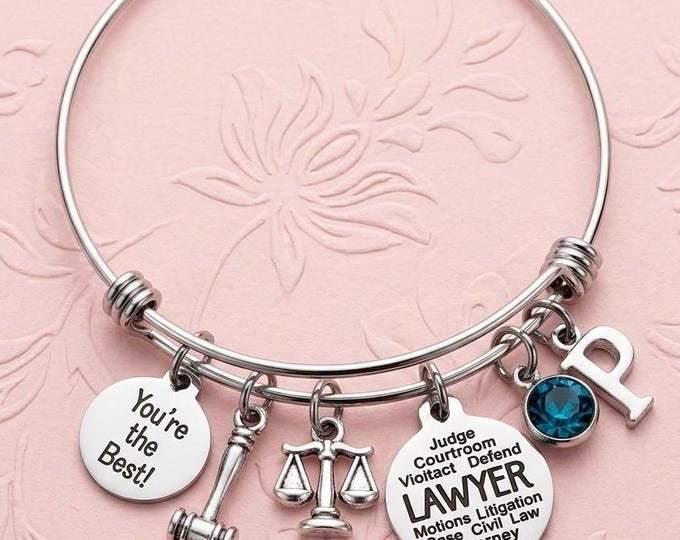 Female Lawyer Gift, Personalized Attorney Charm Bracelet, Initial & Birthstone Jewelry