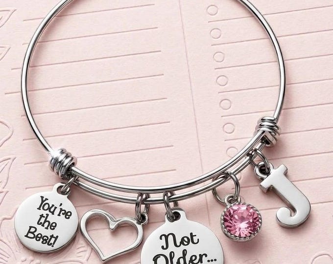 Wiser Not Older Charm Bangle, Birthday Gift for Her, Stainless Wire