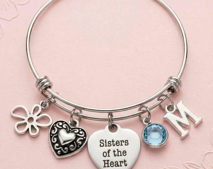 Sisters of the Heart Charm Bracelet, Chosen Sister Gift, Custom Friend Bangle