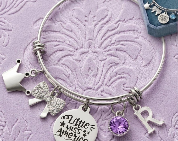 Little Miss America Bangle, Personalized Initial Name Bracelet with Birthstone Gift