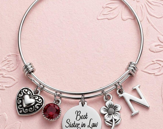 Personalized Sister In Law Bracelet, Custom Birthstone Gift Bangle