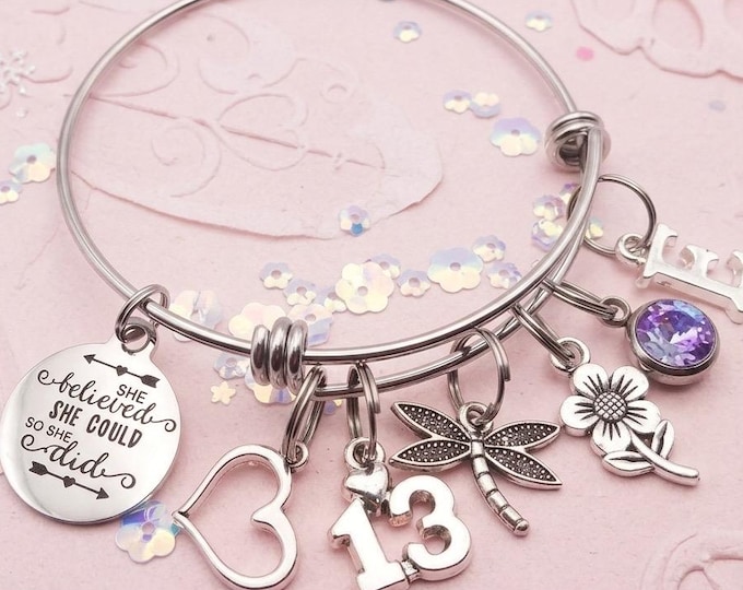 13th Birthday Gift for Granddaughter Personalized Dragonfly Bracelet