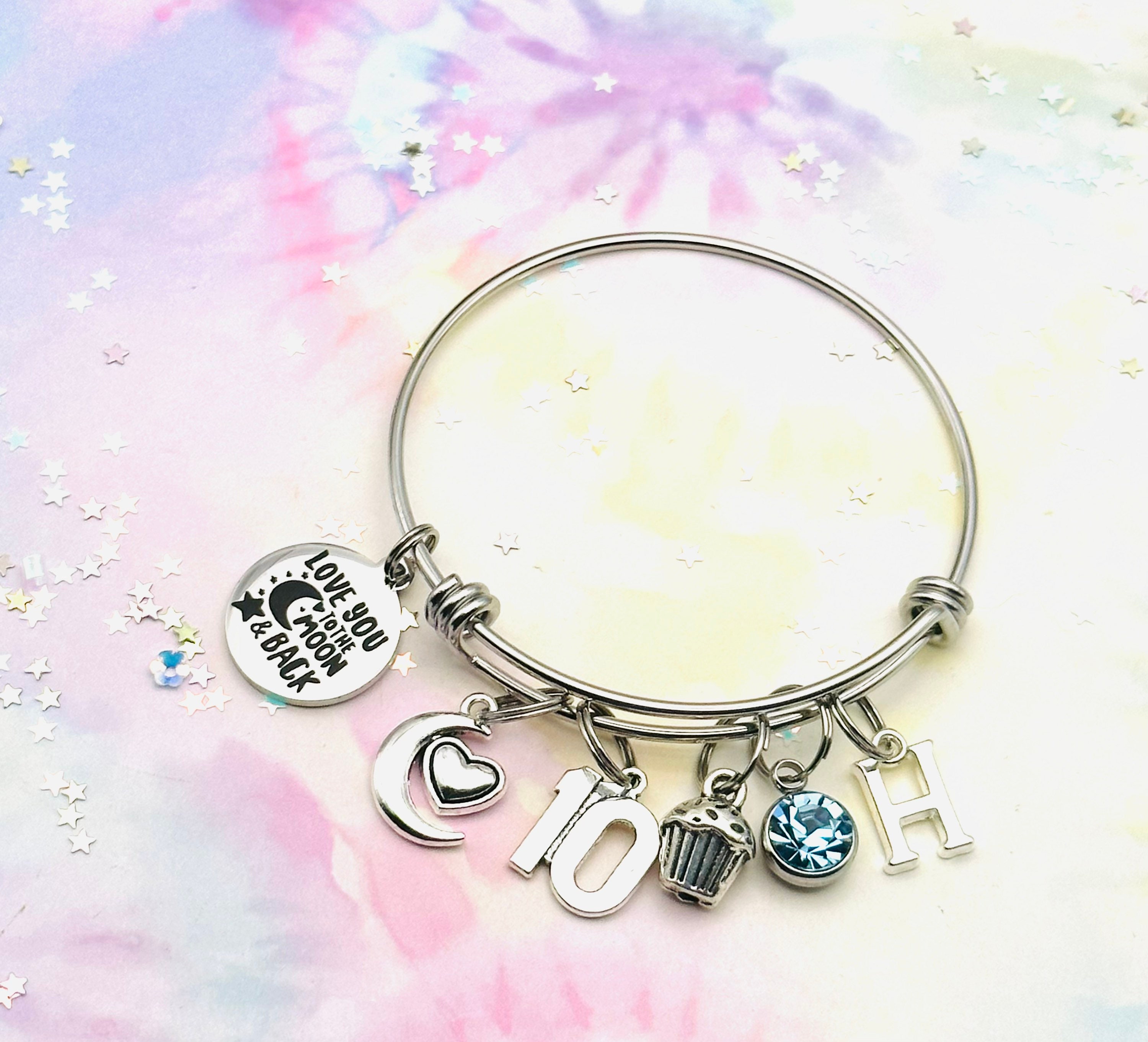 10th Birthday Gift, Handmade Jewelry, Personalized Gift for Her, 10 Year  Old Girl, Moon Pendant, Silver Initial Charm Bracelet, Birthstone 