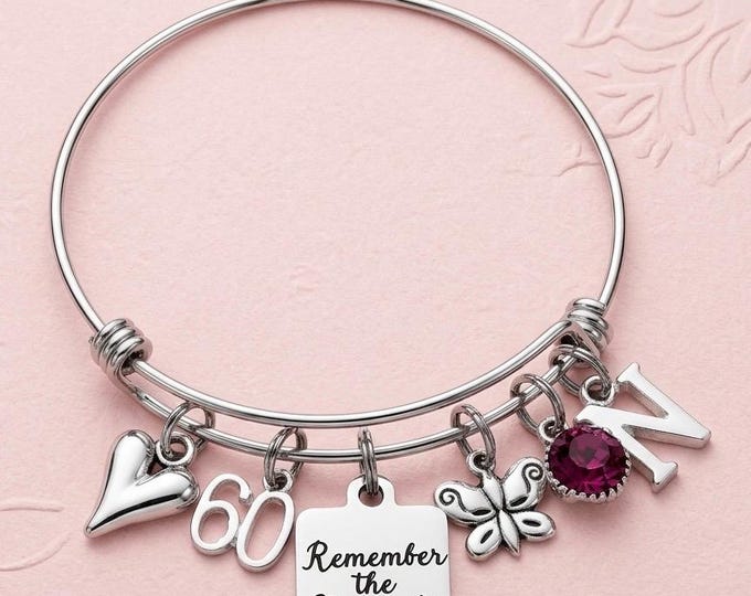 60th Birthday Charm Bracelet: Personalized Stainless Steel Bangle
