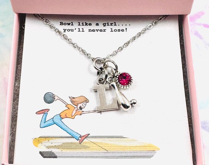 Bowling Girl, Silver Necklace, Initial Necklace, Personalized Gift, Birthstone Jewelry, Gift for Bowler, Gift for Her, Gift Boxed