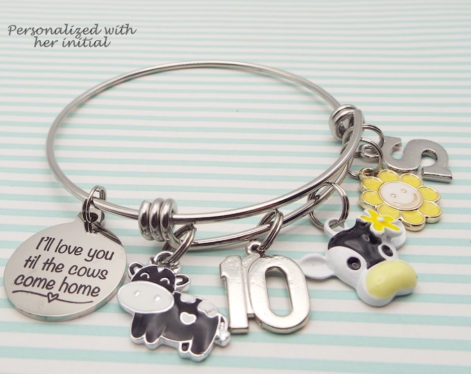 Cow Print, Charm Bracelet, Personalized Jewelry, Birthday Gift, Handmade Jewelry, Initial Bracelet, Birthday Gift for Girl, 10th Birthday