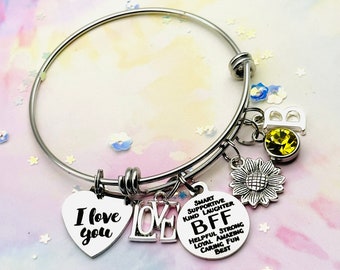 Gift Ideas for BFF, Best Friend Charm Bracelet, Gift for Her, Personalized Jewelry, Sunflower Charm, Initial Bracelet, Birthstone Jewelry