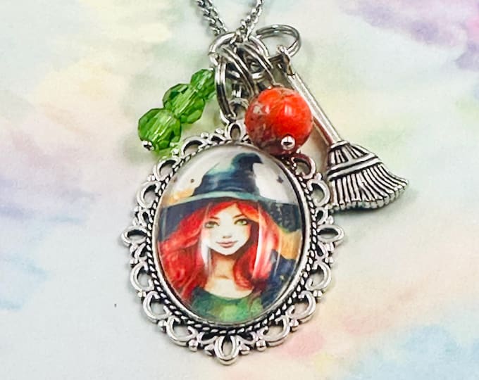 Vintage Witch Necklace and Earring Set, Halloween Broom Charm Jewelry