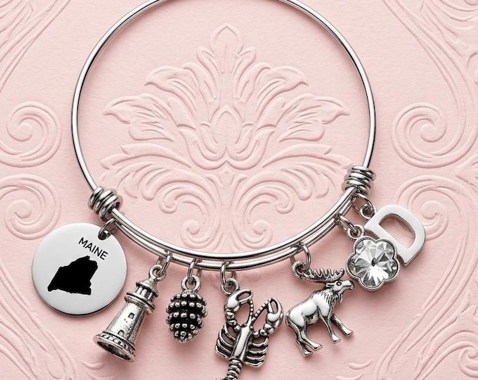 Maine Charm Bracelet: Lobster, Bear, Lighthouse, Pinecone, Initial