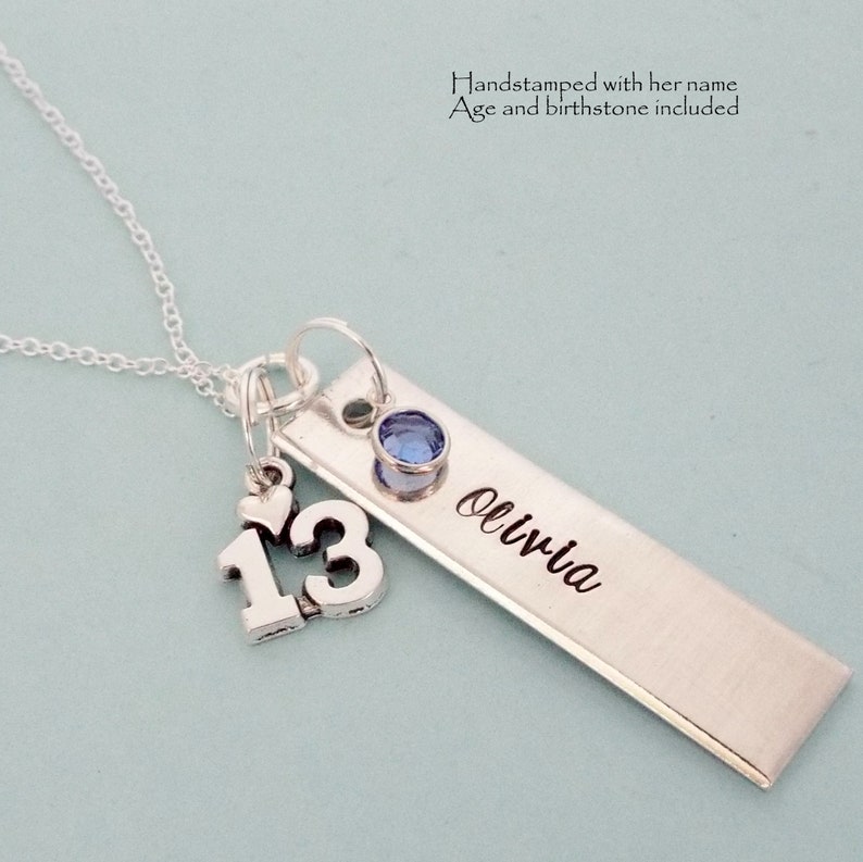 Hand Stamped Name Bar Necklace: Teen Girl Gift with Swarovski Birthstone image 4