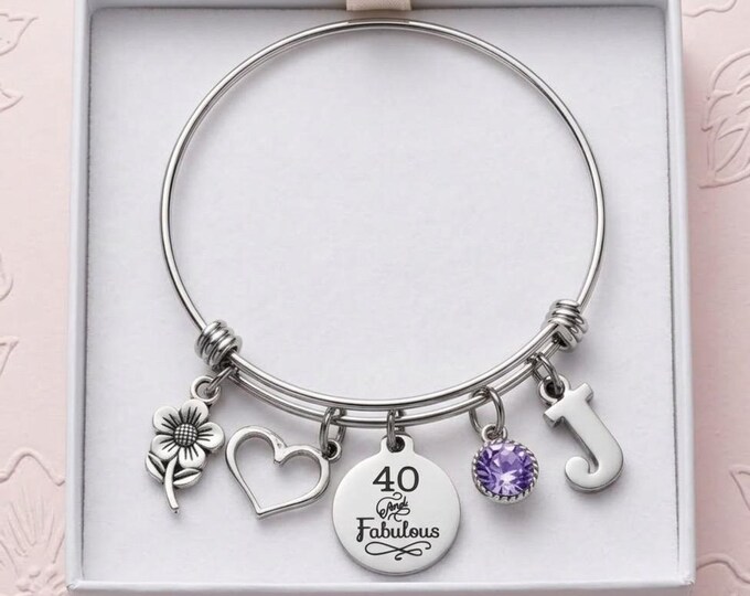 40th Birthday Charm Bracelet, Personalized Initial and Birthstone Jewelry