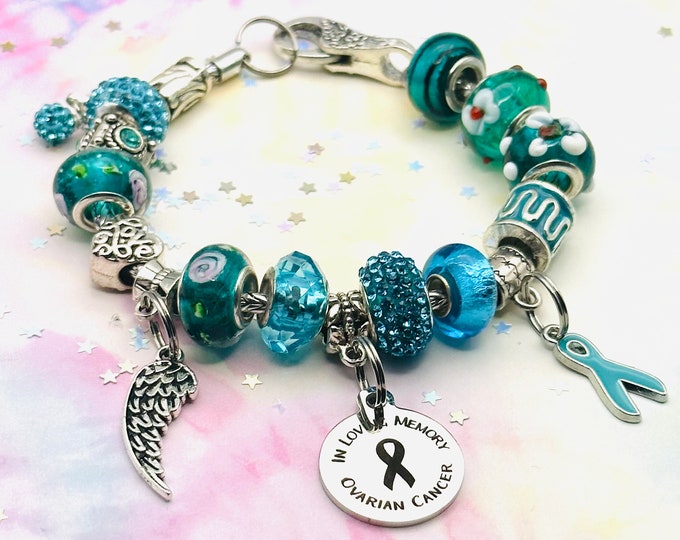 Ovarian Cancer Memorial Bracelet, Beaded Memory Charm Bracelet, Remembrance Gift, Loss of Mother, Beaded Bracelet, Sympathy Gift for Her