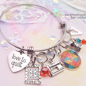 Quilter Charm Bracelet: Handmade Sewing Gift, Personalized Initial