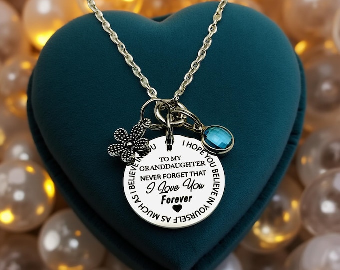 Granddaughter Necklace Gift, Engraved Charm, Swarovski Birthstone, Flower Charm