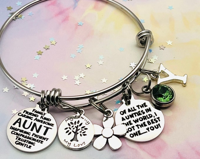 Aunt Gift, Best Aunt Charm Bracelet, Gift from Niece, Personalized Gift, Gift for Her, Custom Jewelry, Birthstone Jewelry, Initial Bracelet