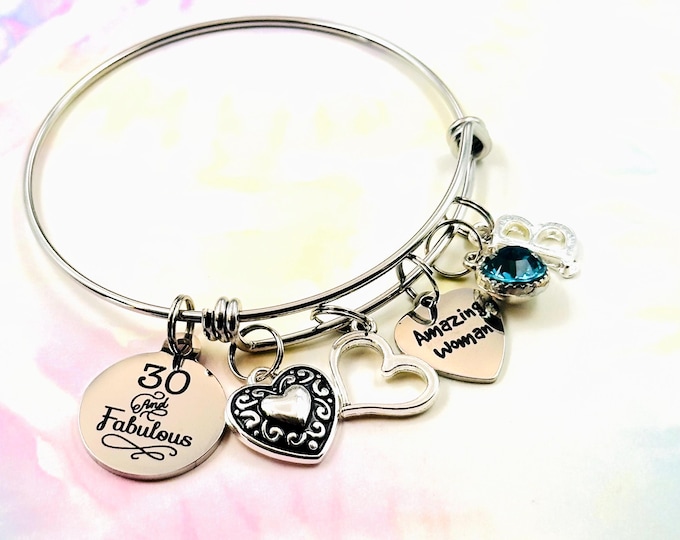 30th Birthday Gift for Women, Custom Charm Bracelet, Personalized Gifts, Unique Gifts for Her, Silver Initial Bracelet, Birthstone Jewelry