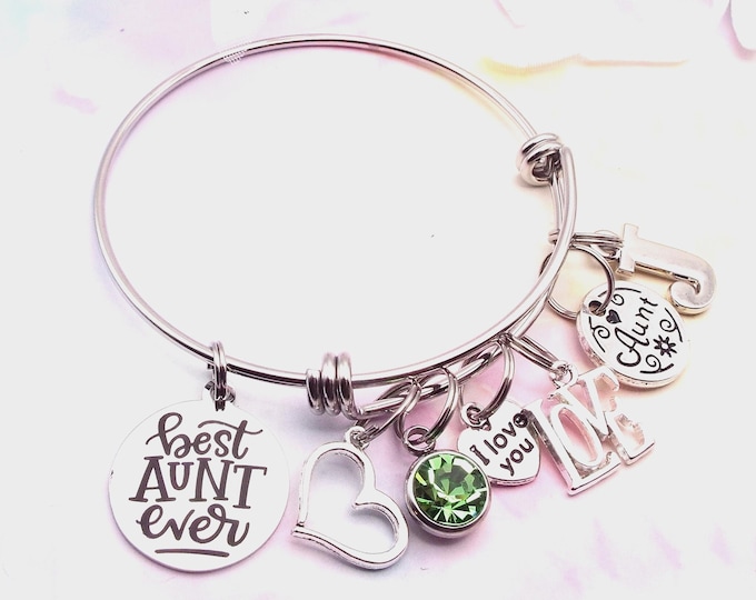 Personalized Gift, Aunt Bracelet, Birthday Gift for Her, Custom Silver Jewelry, Initial Charm Bracelet, Birthstone Jewelry, Unique Gift Idea