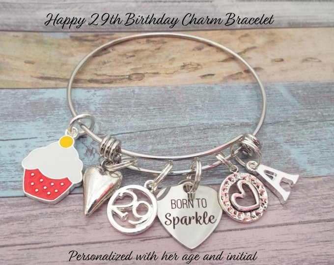 29th Birthday Charm Bracelet, Personalized Gift, Initial Bracelet, Birthstone Jewelry, Daughter Birthday, Handmade Gift Ideas, Custom Gift