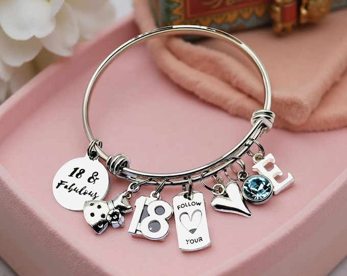 18th Birthday Charm Bracelet: Personalized Initial & Birthstone
