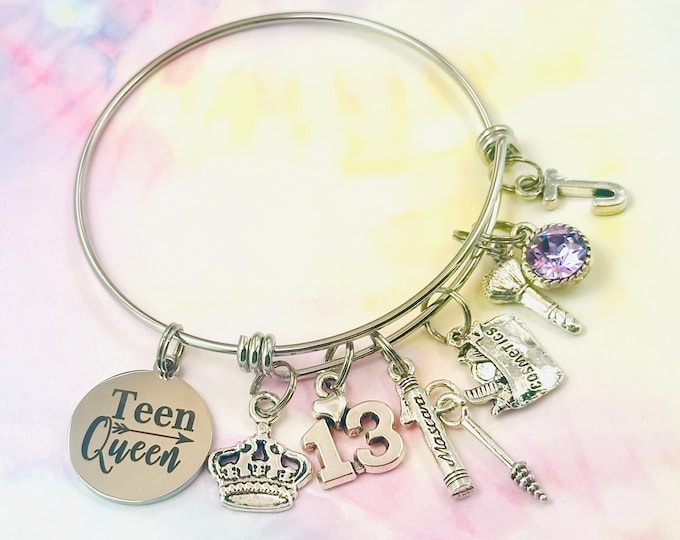 Teen Girl Birthday Gift, Silver Initial Charm Bracelet, Personalized Birthstone Jewelry, For Daughter, Handmade Gifts, Layering Jewelry
