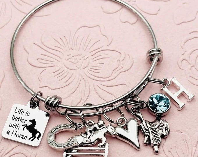 Equestrian Expandable Charm Bracelet With Initial and Birthstone