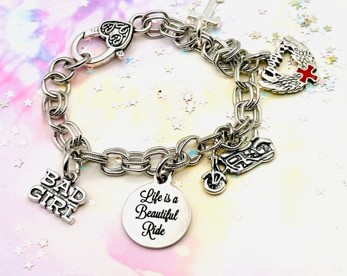 Motorcycle Gift, Life is a Beautiful Ride Charm Bracelet, Biker Girl Silver Jewelry, Retro Motorcycle Ornament, Womens Jewelry, Gift for Her
