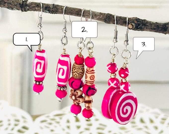 Pink Dangle Earrings, Handmade Jewelry, Birthday Gift for Her, Wood Drop Earrings, Unique Fun Gifts, Gift Boxed, Summer Jewelry