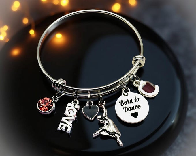 Personalized Dance Charm Bracelet: Initial & Birthstone, Stainless Steel