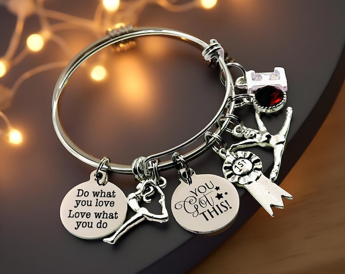 Personalized Gymnast Charm Bracelet: Initial & Birthstone, Sports Gift