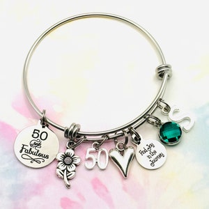50th Birthday Gift, Personalized Gift for Woman Turning 50, Birthstone Jewelry, Initial Bracelet, Best Friend Birthday, Gift for Her