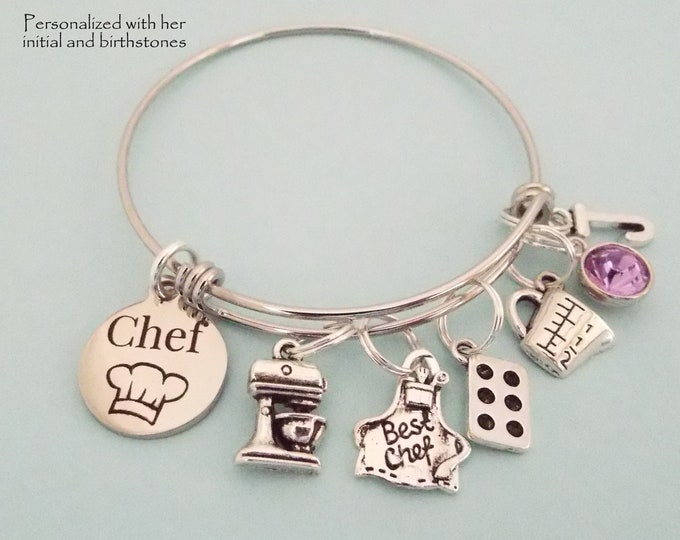 Chef Gift, Graduation Gift for Chef, Handmade Gift for Her, Personalized Handmade Birthstone Jewelry, Initial Bracelet, Chefs Apron Charm