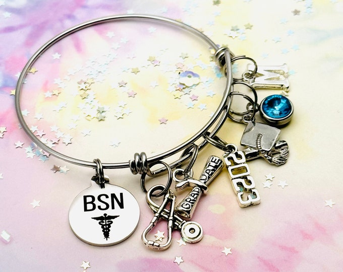 Graduation Gift for Nurse Graduating with an BSN, Personalized Jewelry for Masters in Nursing Charm Bracelet, Nursing Class of 2019