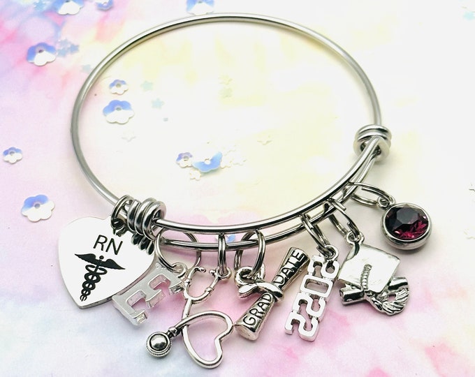 Nurse Graduation Personalized Gift, RN Graduate Charm Bracelet, Nursing School Woman's Graduation Gift. Gift for Her, Girl Graduating