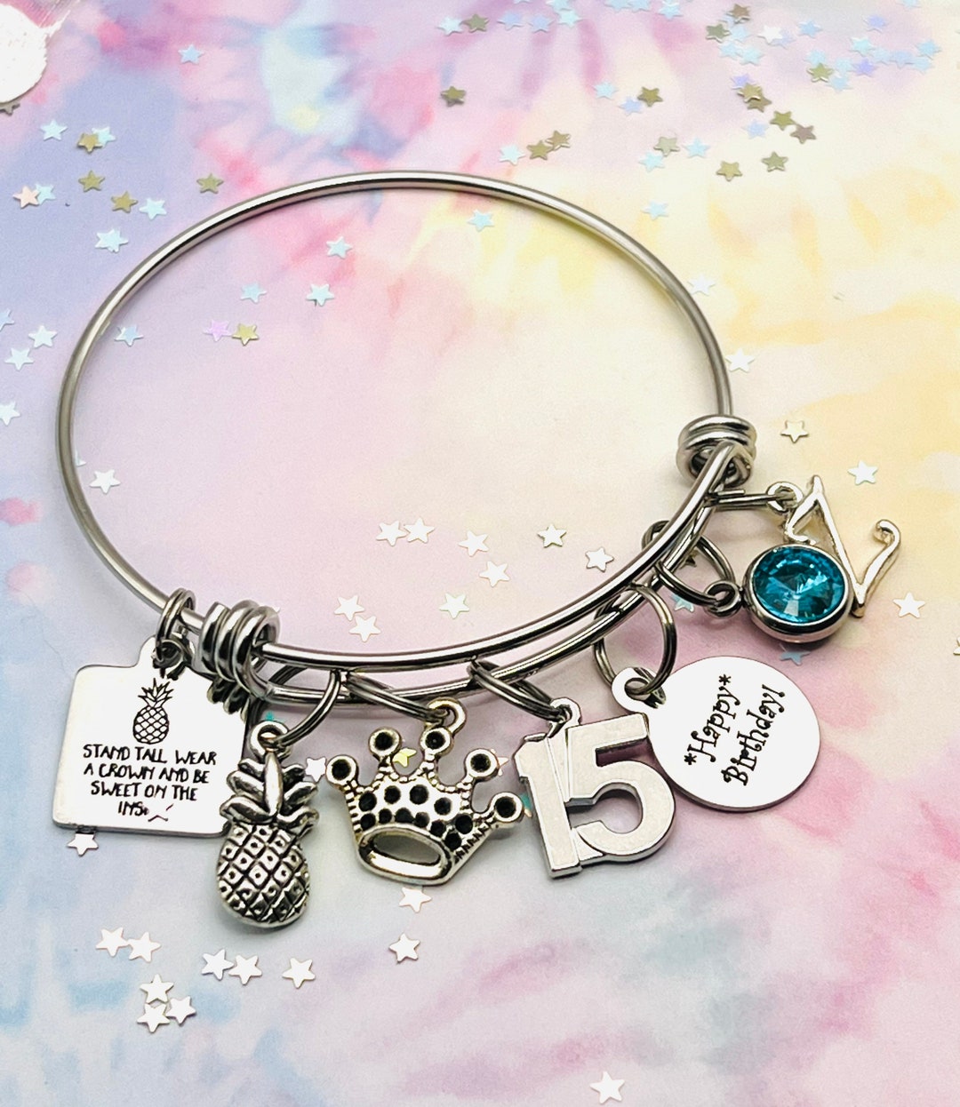 15th Birthday Charm Bracelet: Stainless Steel, Birthstone  display picture 3