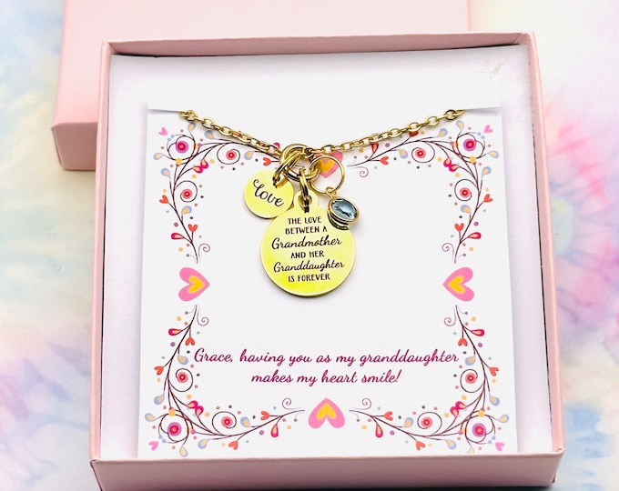 Granddaughter Necklace from Grandmother, Personalized Necklace, Birthstone Gold Jewelry, Birthday Gift for Her, Gift Boxed Jewelry for Girl