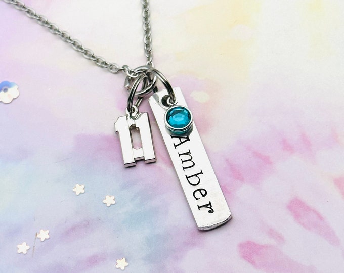 11th Birthday Gift for Girls, Name Necklace for 11 Year Old Girl, Personalized Gift, Birthstone Necklace, Hand Stamped Jewelry, Gift for Her