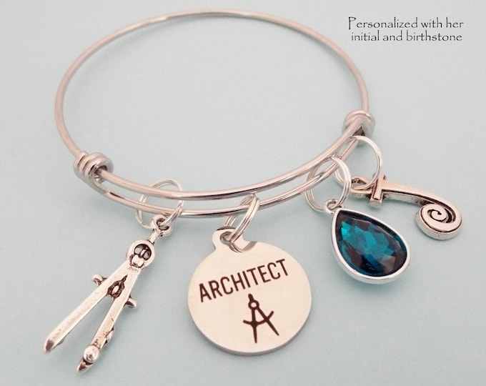 Architect Graduation Charm Bracelet, Graduate Gift for New Architect, Birthstone Jewelry, Initial Bracelet, Personalized Gift for Her