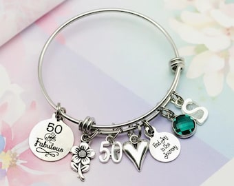 50th Birthday Charm Bracelet: Personalized Birthstone Initial Jewelry