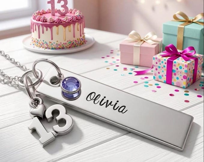 13th Birthday Stamped Name Necklace, Thirteen Gift For Her