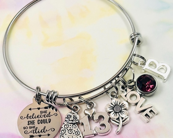 13th Birthday Gift, Personalized Cat Charm Bracelet, Handmade Gift, Initial Bracelet, Gift Idea For Her, Daughter Birthday Bracelet