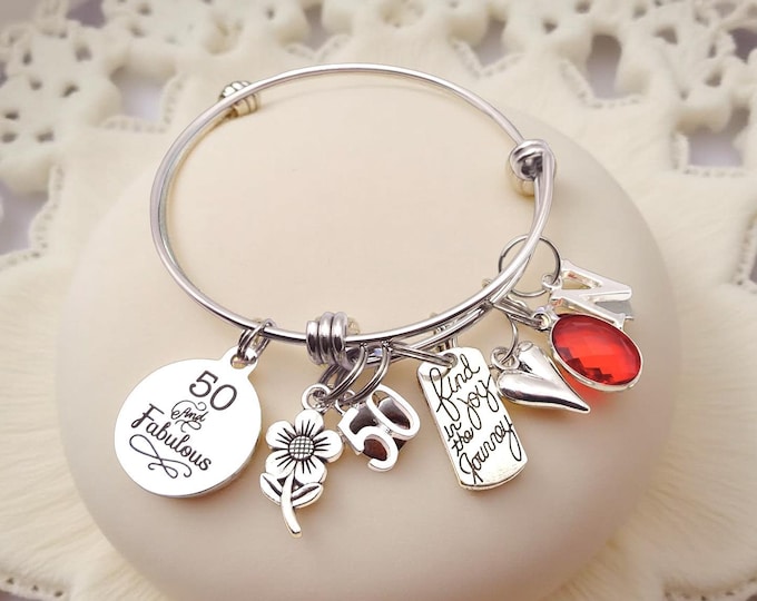50th Birthday Charm Bracelet: Personalized Initial & Birthstone Jewelry