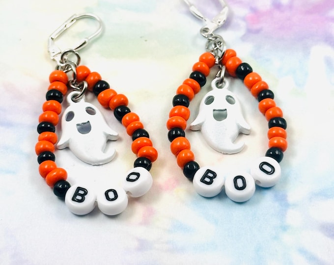 Halloween Jewelry, Drop Ghost Earrings, Gift for Her, Handmade Orange and Black Bead Earrings, Unique Women's Halloween Costume Accessory