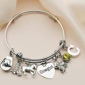 Gift Ideas for Cowgirl, Horse Lover Charm Bracelet, Equestrian Initial Bracelet,