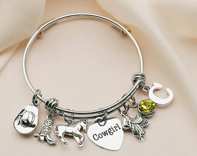 Gift Ideas for Cowgirl, Horse Lover Charm Bracelet, Equestrian Initial Bracelet,