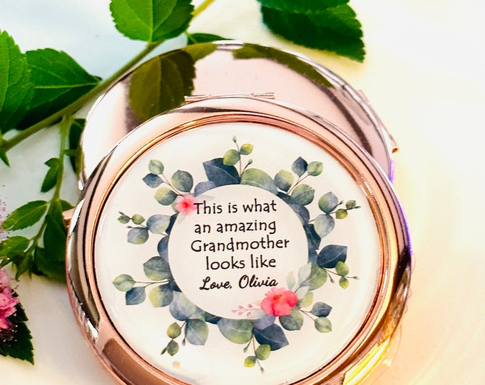 Handmade Grandmother Gift, Personalized Compact, Birthday for Her, Handbag Mirror, Rose Gold, Granddaughter for Grandma, Nana, Mimi Gift