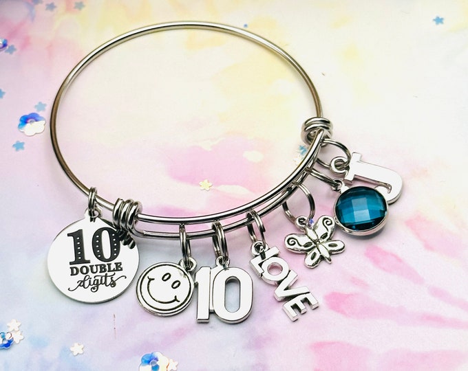 Personalized Jewelry, Birthday Gift for Her, Daughter Gift, 10th Birthday Charm Bracelet, Crystal Jewelry, Initial Bracelet, Handmade Gift