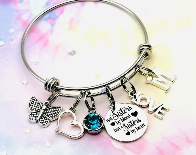 Gift Ideas for Your Best Friend, Sisters by Choice Charm Bracelet, Personalized Jewelry, Gift for Her, Silver Initial Bracelet, Bestie Gift