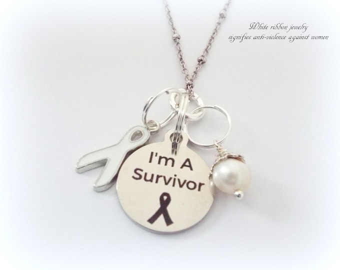 Survivor Jewelry, White Ribbon Violence Survivor Silver Necklace, Gift for Her, Ribbon Necklace, Custom Jewelry, Women's Jewelry