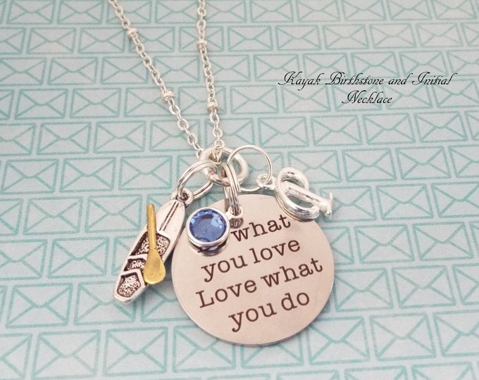 Kayak Necklace, Handmade Gift, Engraved Silver Necklace, Birthstone Initial Necklace, Gift for Her, Sports Jewelry Gift for Her, Girls Gift